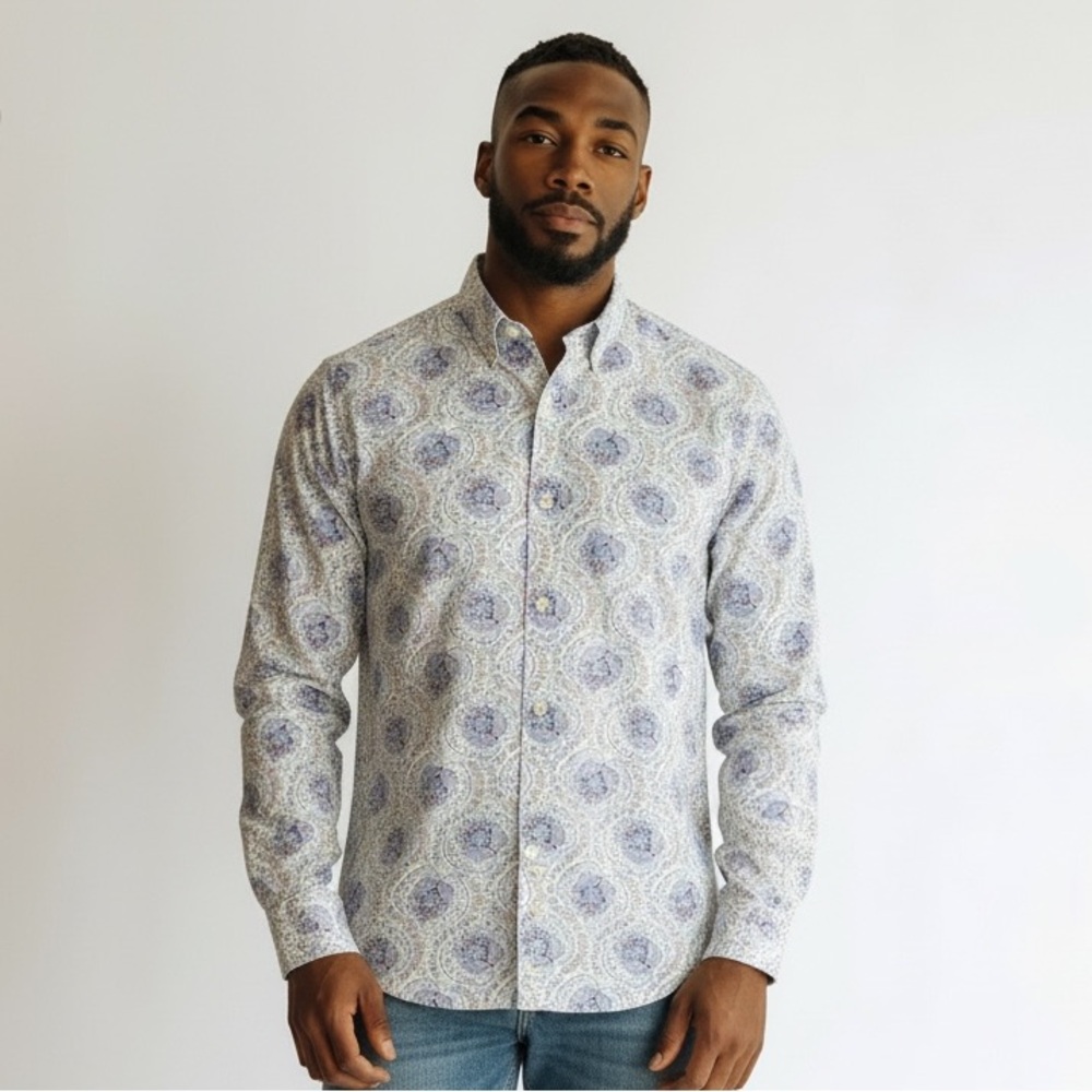 Thomas Dean Men's Blue and White Paisley Casual Button Down Shirt Size XL